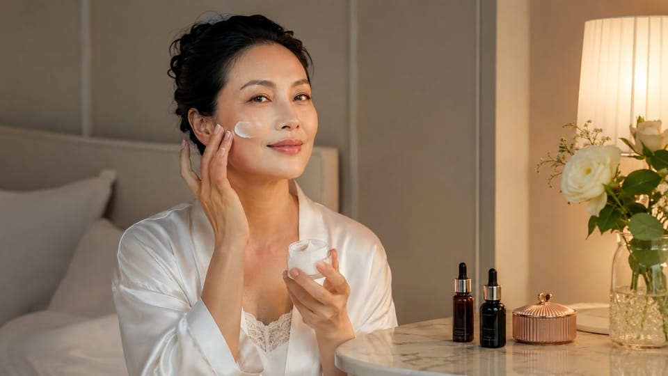 Routine dưỡng da ban tối tiền mãn kinh, retinol, niacinamide và kem phục hồi hàng rào da