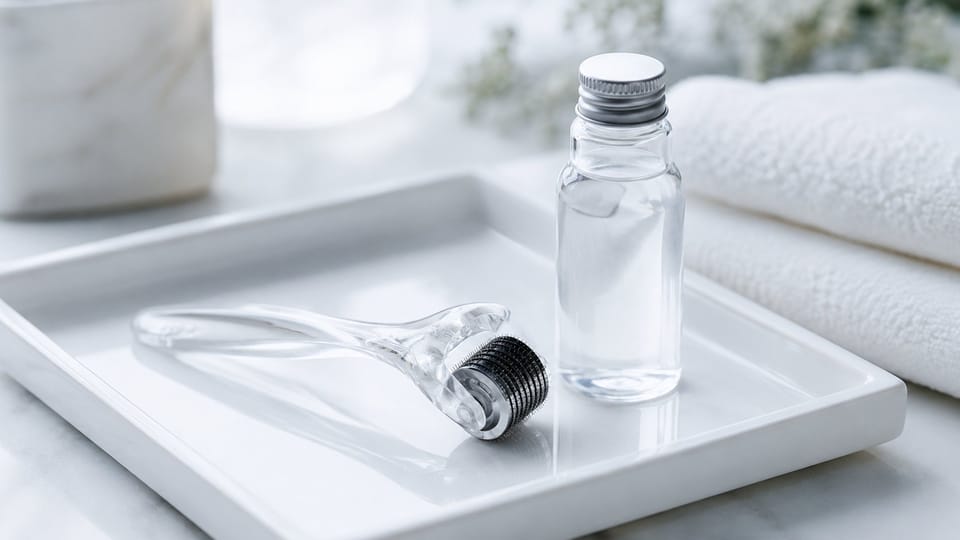 Derma roller và dung dịch sát khuẩn chuẩn bị trước khi lăn