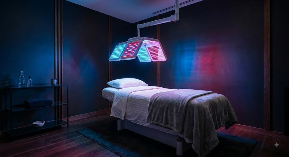 Thiết bị đèn LED xanh và đỏ trong phòng điều trị mụn