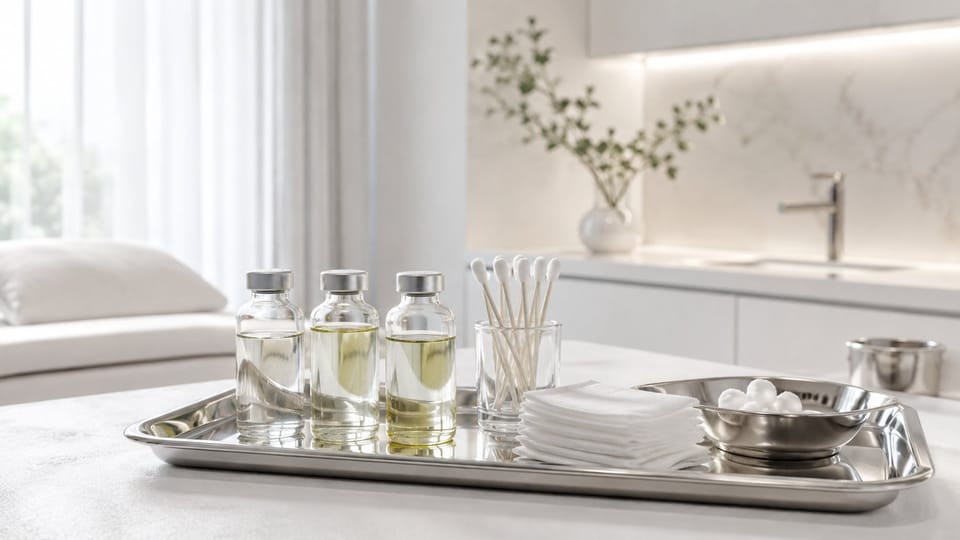 Dụng cụ và dung dịch peel hóa học chuẩn bị cho một buổi điều trị