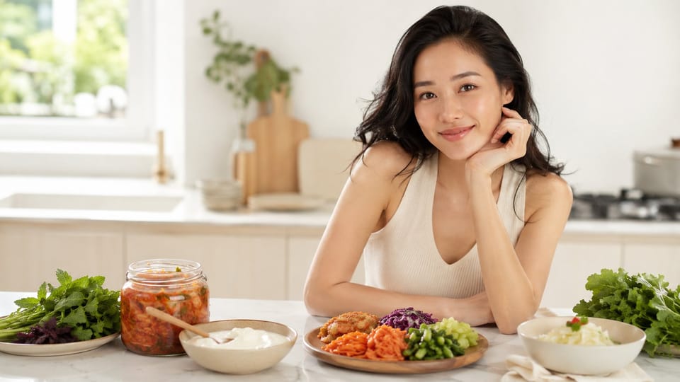 Thực phẩm probiotic và prebiotics hỗ trợ hệ vi sinh đường ruột, kimchi, sữa chua, rau lên men