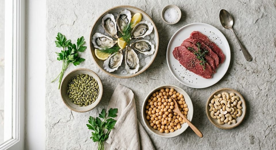 Các thực phẩm giàu kẽm tốt cho da mụn: hàu, hạt bí, thịt bò, đậu